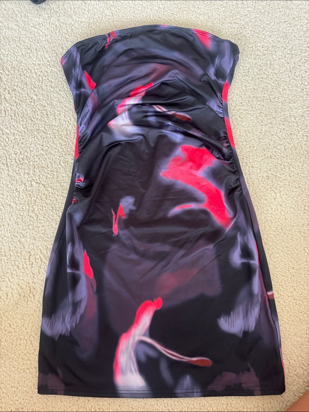 Strapless Black Dress with Red Abstract Print